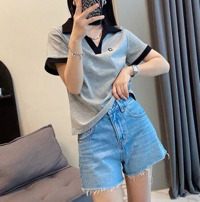 正肩v领短袖微胖穿搭t恤女大码胖mm苹果身材撞色显瘦polo领上衣夏