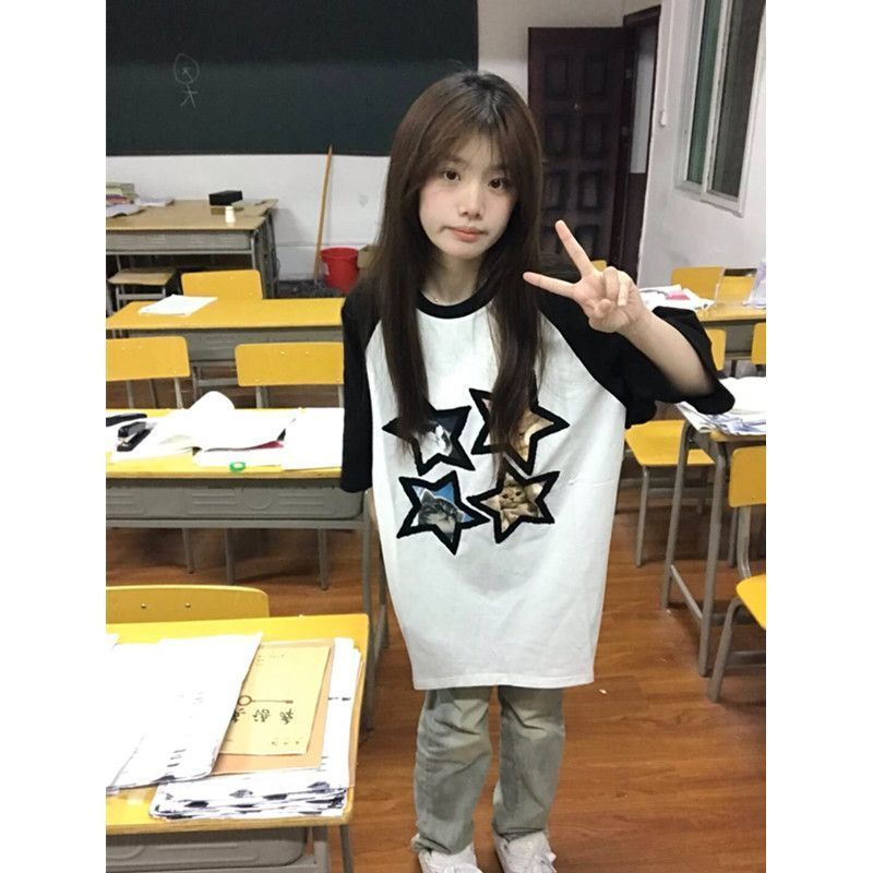 新款小众五角星猫咪短袖t恤女夏季宽松显瘦设计感小众拼色上衣潮