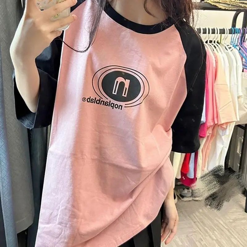 盐系短袖t恤女装学生韩版宽松潮ins夏季撞色上衣服2025新款学院风