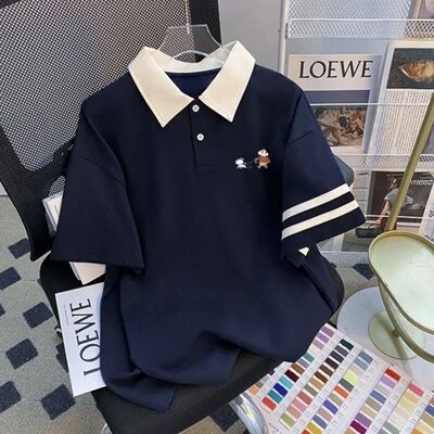 日系复古学院风撞色polo领短袖2-300斤男女夏季印花减龄情侣T恤衫