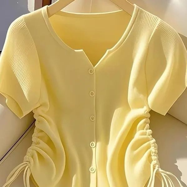 冰丝短款针织开衫超好看黄色抽绳短袖t恤女夏季chic韩系上衣潮ins