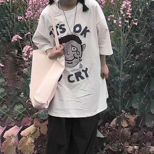 夏季 女宽松中性风圆领上衣ins潮 2025高街创意痰印花透气短袖 T恤衫