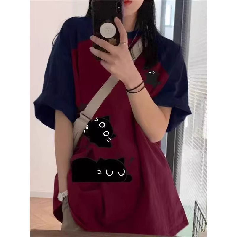 撞色插肩袖t恤女情侣设计感美式嘻哈ins潮短袖宽松独特上衣夏季潮