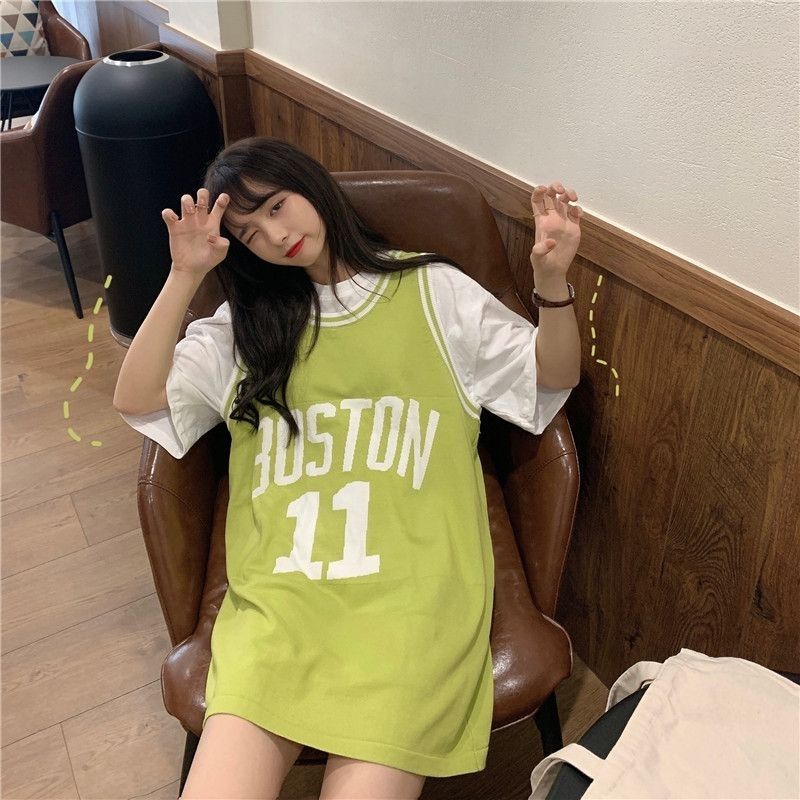 韩版夏季新款休闲篮球衣背心裙字母印花运动球服中长款无袖T恤女