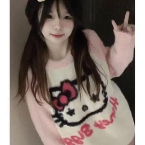 秋冬日系甜美可爱hellokitty软糯圆领毛衣学生宽松kt猫针织上衣女