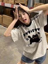 纯棉条纹短袖t恤女2024新款夏季小个子宽松美式潮牌设计感上衣服