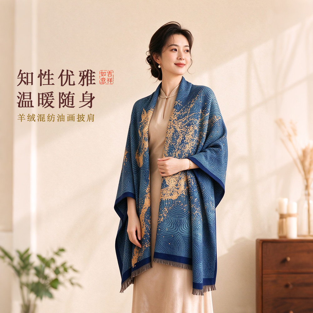 复古油画披肩女加大加厚羊绒围巾秋冬保暖氛围感围脖送长辈礼盒装