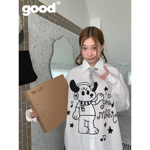 美好商店MeihaoStore 「小狗音乐家」白色竖条纹涂鸦衬衫