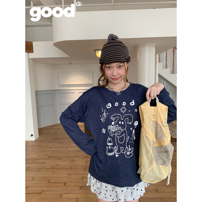 美好商店MeihaoStore「永远没烦恼」手绘欢乐唱歌小狗藏青长袖T恤