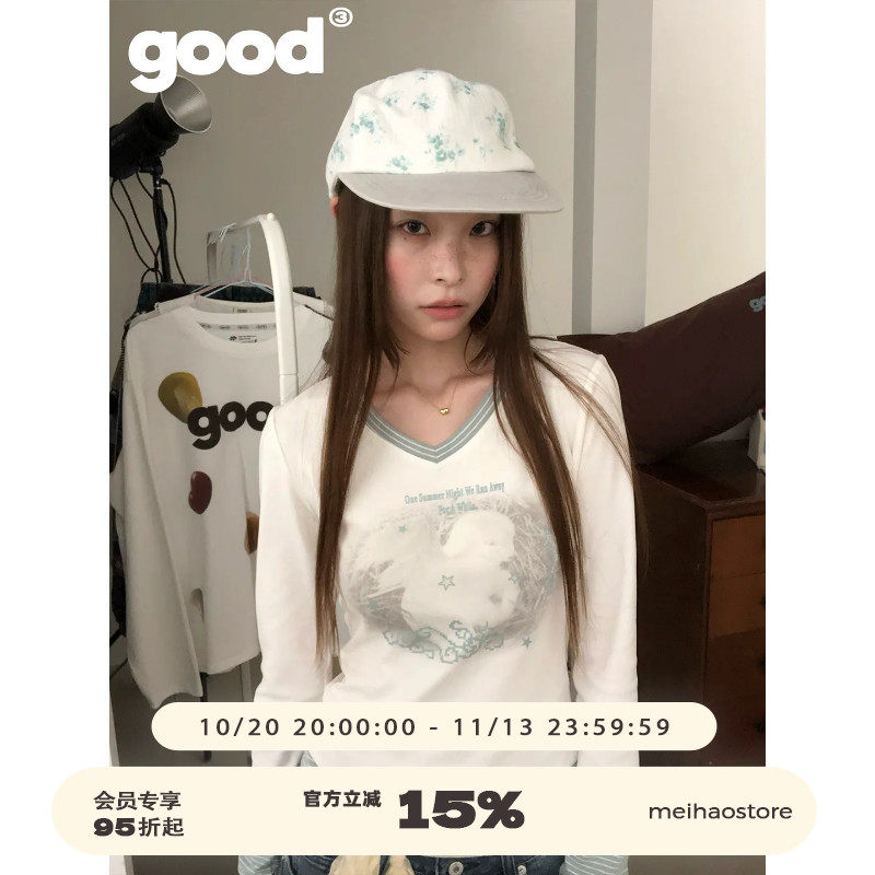 美好商店MeihaoStore「白羊座」白绿拼接假两件短款鸡心领长袖T恤