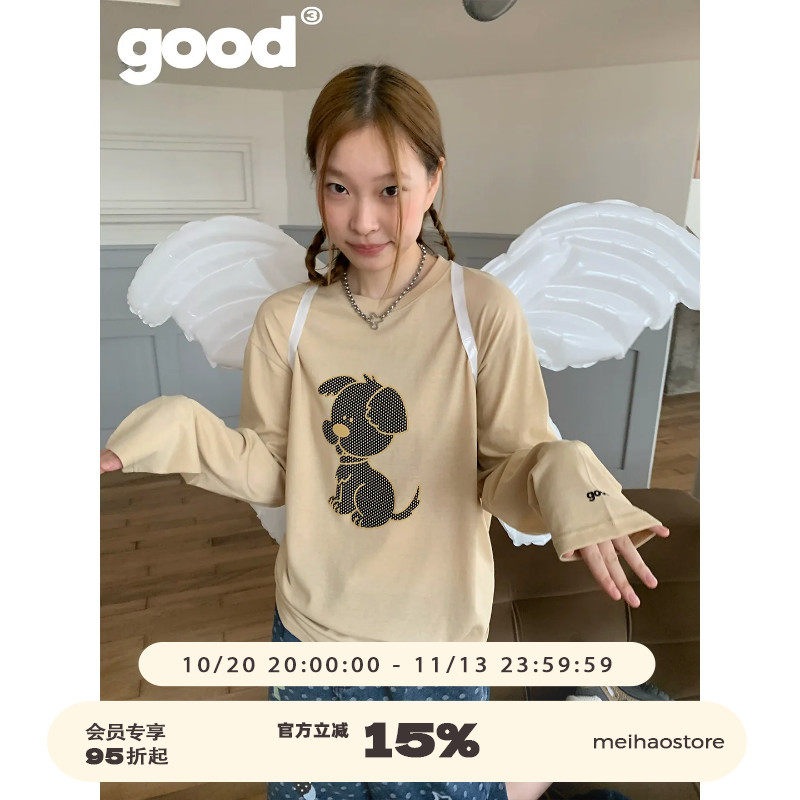 美好商店MeihaoStore「小狗擅长等待」卡布奇诺波点小狗长袖T恤