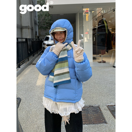 美好商店MeihaoStore「冬日现眼包」天蓝色中性风基础连帽羽绒服