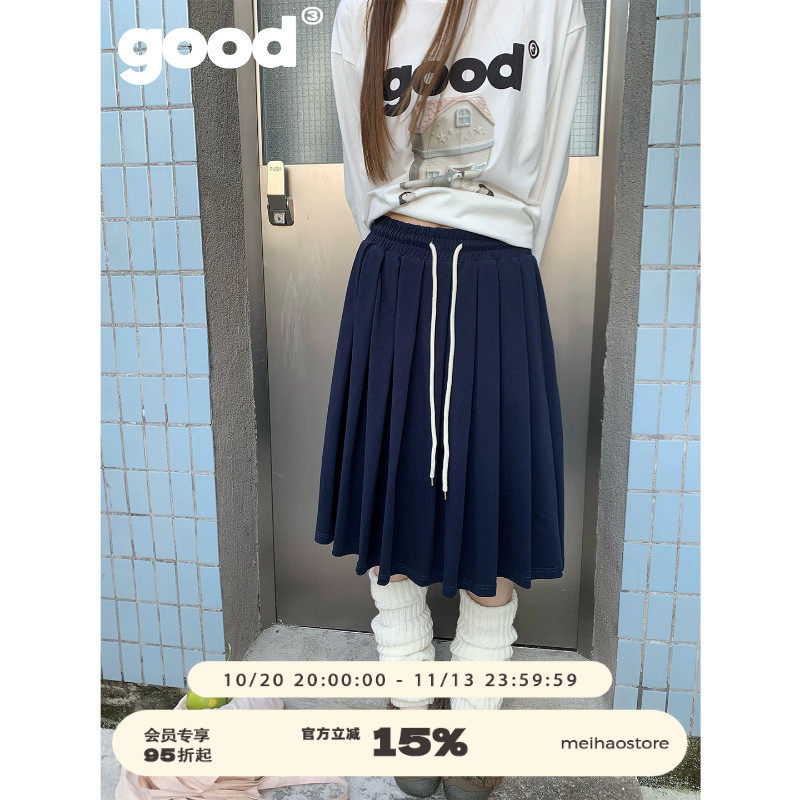 美好商店MeihaoStore「漫步百褶间」学院风藏青抽绳针织百褶卫裙
