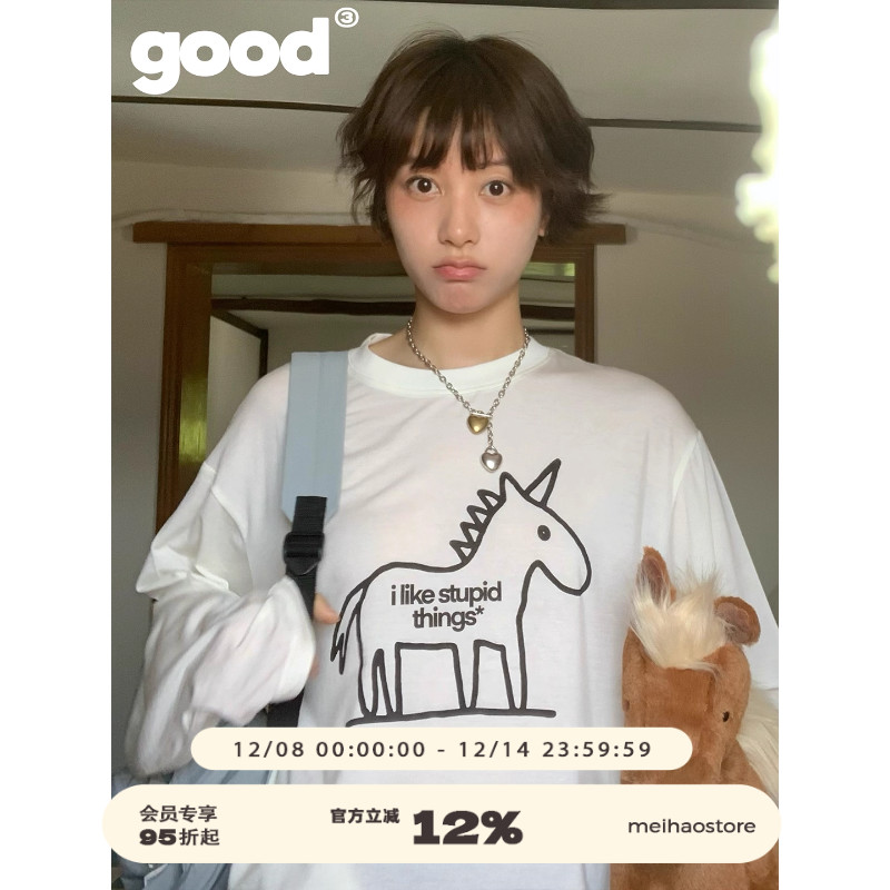 美好商店MeihaoStorei like stupid things线条独角兽半透长袖T恤