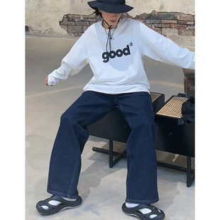 美好商店MeihaoStore双色百搭做旧good刺绣休闲直筒裤 纯棉牛仔裤