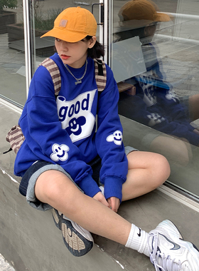 美好商店MeihaoStore克莱因蓝色纯棉休闲贴布绣套头潮加厚卫衣