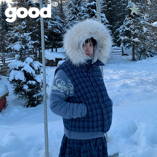 美好商店MeihaoStore适合办公室穿的韩系蓝色格纹毛领羽绒马甲