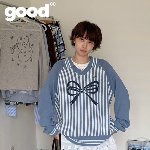 美好商店蝴蝶结竖条球服毛衣