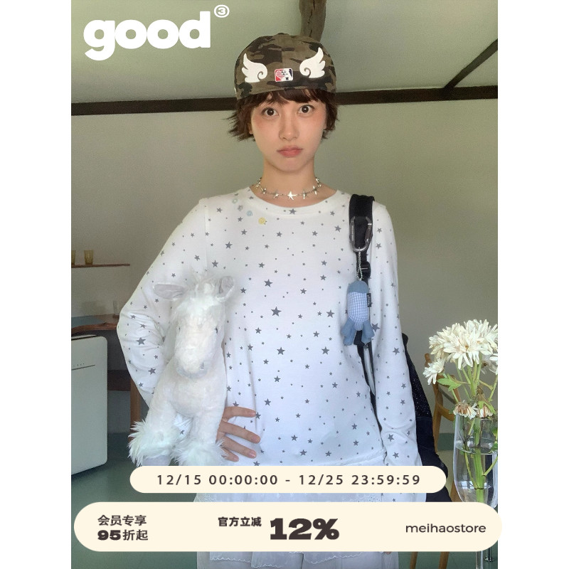 美好商店MeihaoStore「星糖丸」满印星星打底衫带花边屁帘长袖T恤