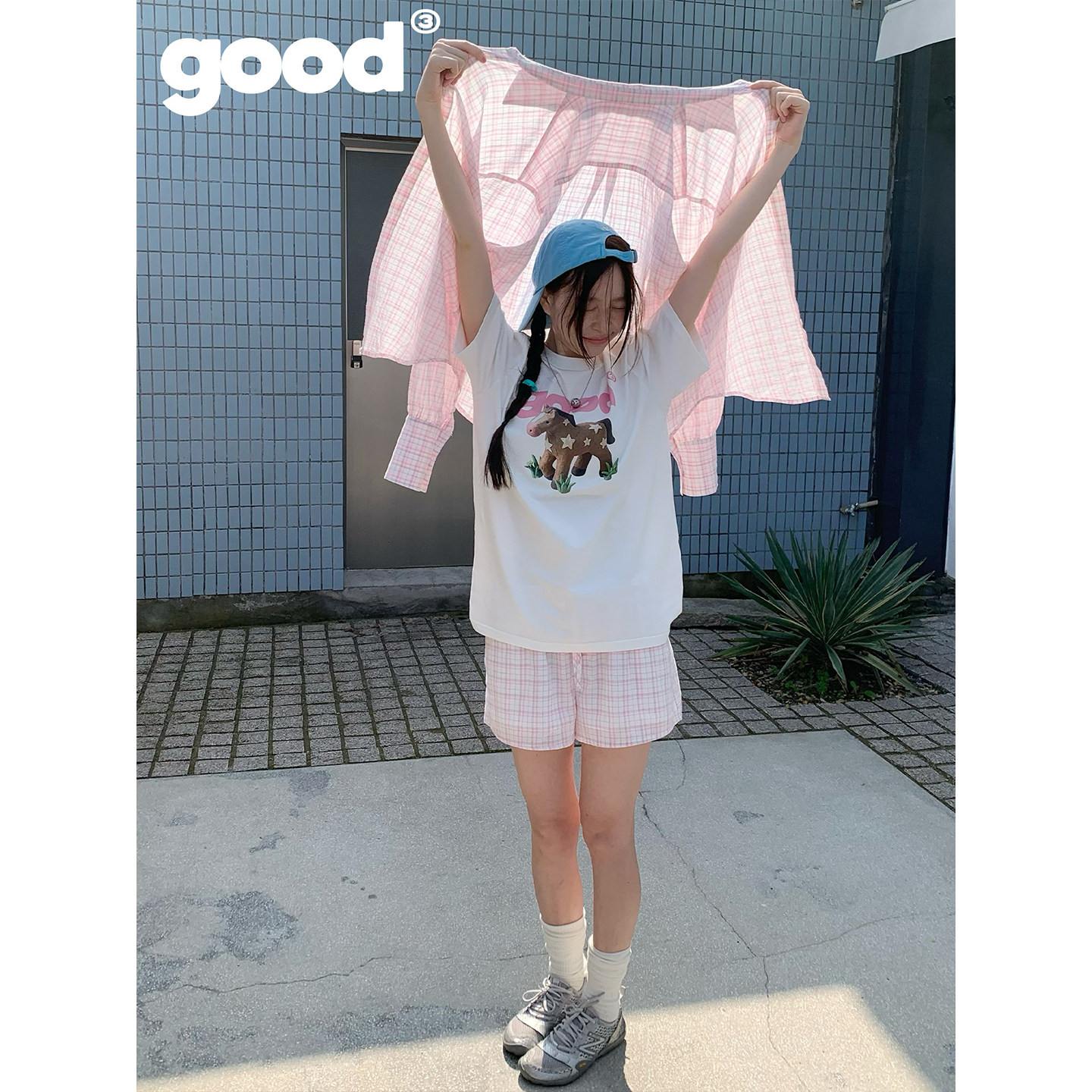 美好商店MeihaoStore「学院甜妹」粉格纹/星星满印衬衫短裤套装
