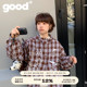 美好商店MeihaoStore可爱图案棕色格子连帽宽松长袖 衬衫