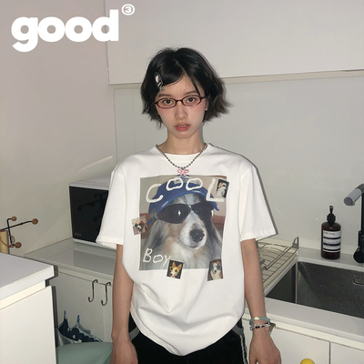 美好商店MeihaoStore cool boy墨镜说唱小狗纯棉短袖T恤
