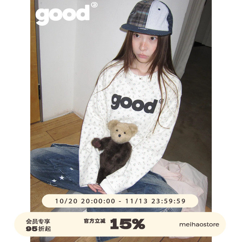 美好商店MeihaoStore「花笺」米黄华夫格碎花good基础圆领长袖T恤