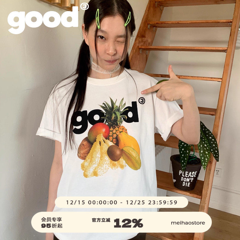 美好商店MeihaoStore多彩水果good马赛克静物印花基础短袖T恤