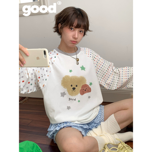 美好商店MeihaoStore「小犬座」星星波点拼袖 T恤 糖果色插肩长袖