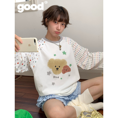 美好商店MeihaoStore「小犬座」星星波点拼袖糖果色插肩长袖T恤