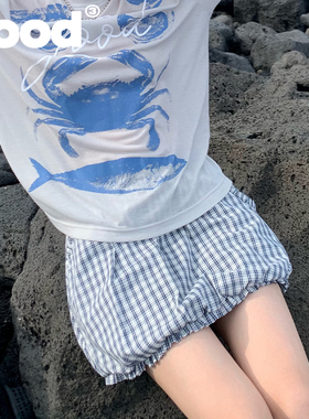 美好商店MeihaoStore荷叶边蓝白格纹花苞松弛感纯棉短裙
