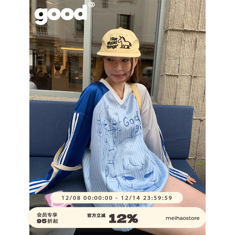 美好商店MeihaoStore「少女分镜」轻亚风蓝白拼接V领球衣长袖T恤
