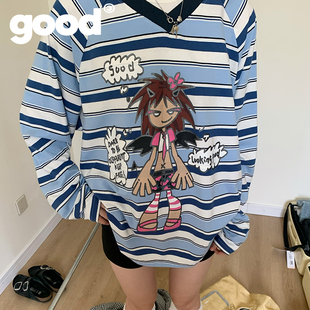 美好商店MeihaoStore亚比人物闪粉印花蓝白条纹V领长袖 T恤