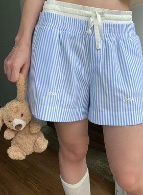 美好商店MeihaoStore夏日蓝白竖条纹双头腰刺绣good短裤