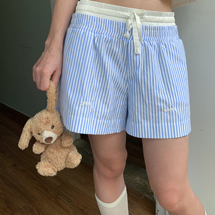 美好商店MeihaoStore夏日蓝白竖条纹双头腰刺绣good短裤