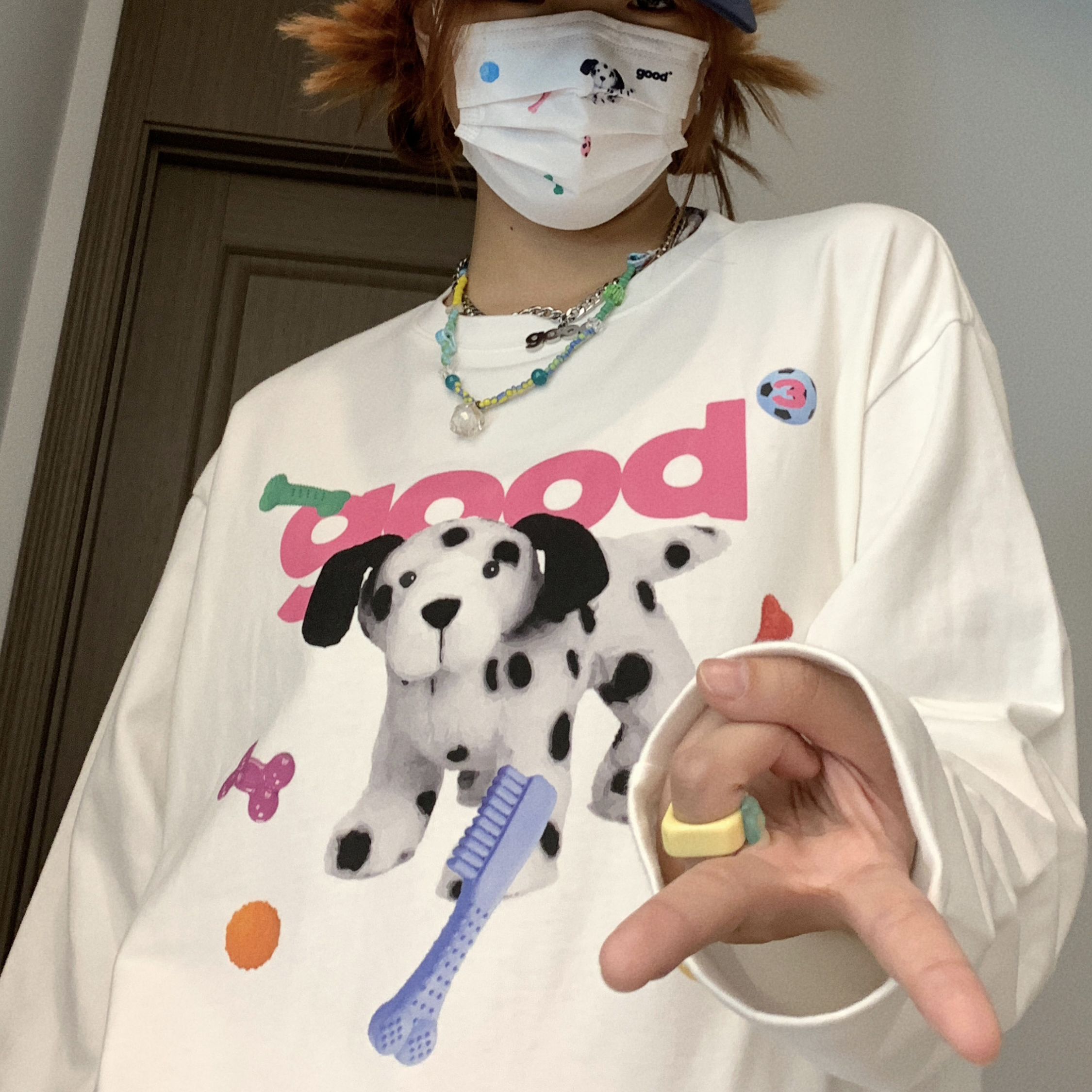 美好商店长袖斑点狗印花情侣T恤