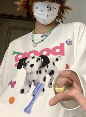 美好商店MeihaoStore白色玩具斑点狗good印花休闲宽松长袖T恤纯棉