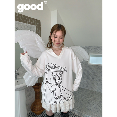 美好商店MeihaoStore翅膀女孩「天使在人间」花边V领涂鸦长袖T恤