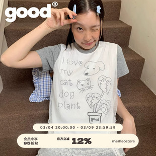 美好商店MeihaoStore朦胧网纱假两件灰白拼接正肩小板型短袖T恤