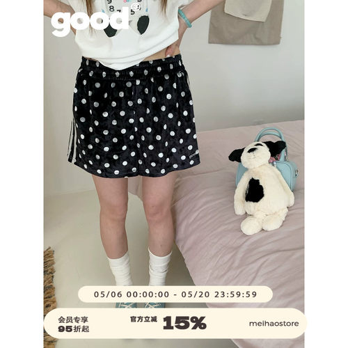 美好商店MeihaoStore「黑糖奶霜」运动少女丝绒黑白波点条纹短裤