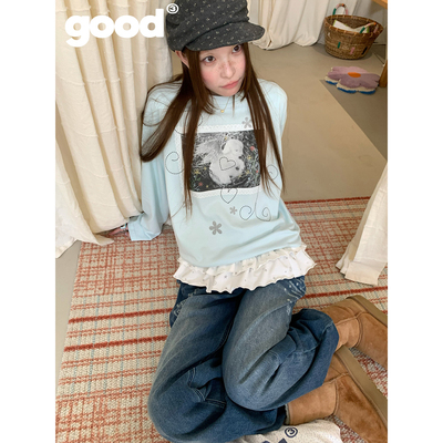 美好商店MeihaoStore「小羊莉莉丝」清爽复古照线迹good长袖T恤