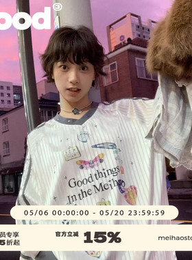 美好商店MeihaoStore有趣图案印花Blokette运动女孩风V领长袖球衣