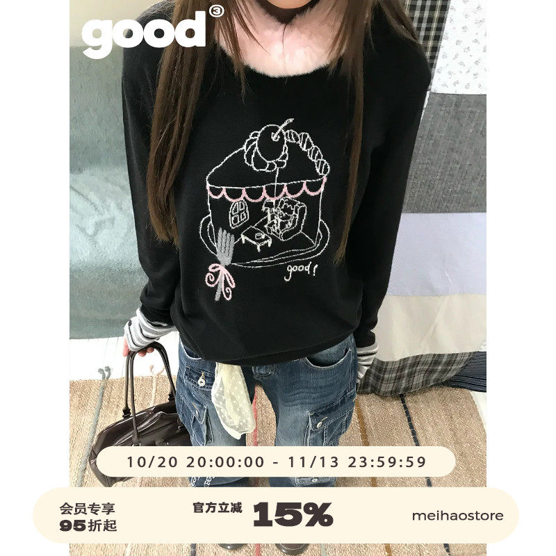 美好商店MeihaoStore「蛋糕屋」条纹拼袖圆领套头薄款黑色毛衣