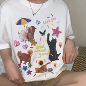美好商店MeihaoStore活力欢乐小猫趣味数码 T恤 印花宽松百搭短袖