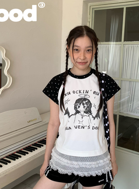 美好商店MeihaoStore天使女孩波点插肩袖小板型印花短袖T恤