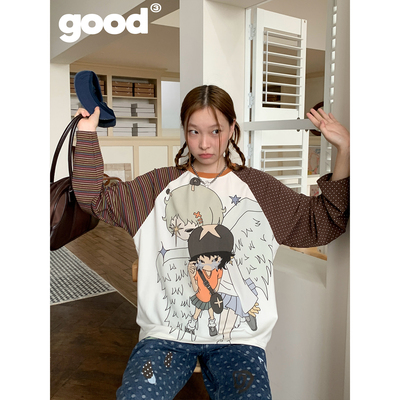 美好商店MeihaoStore「菇天使」手绘亚比女孩条纹波点插肩长袖T恤