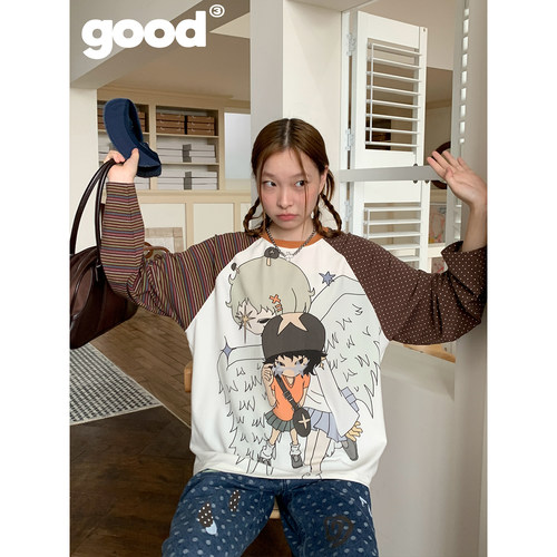 美好商店MeihaoStore「菇天使」手绘亚比女孩条纹波点插肩长袖T恤