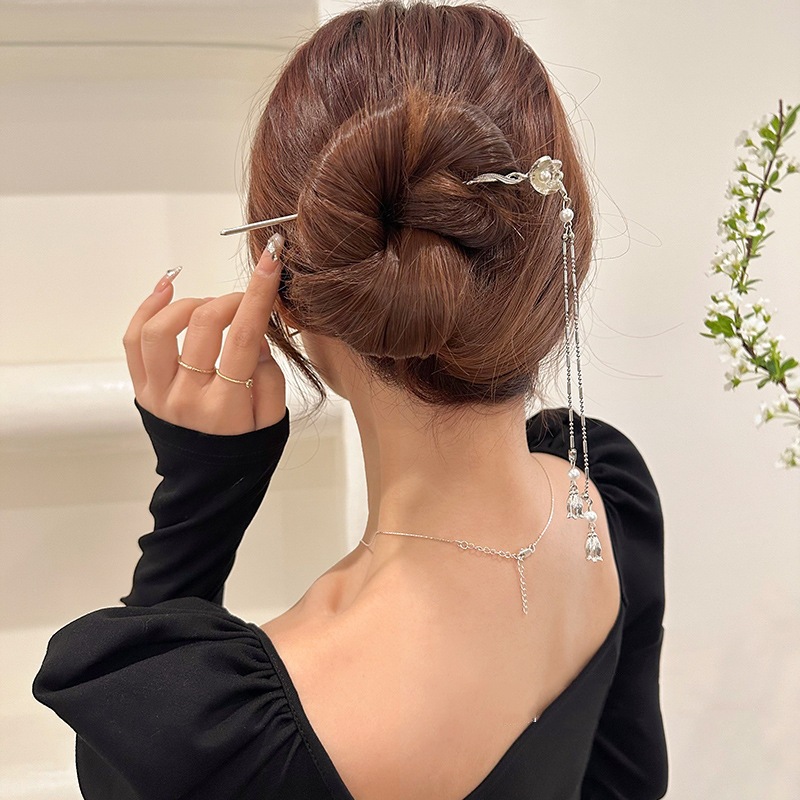 金属花朵流苏发簪女新中式盘发簪子古风旗袍汉服步摇发钗头饰