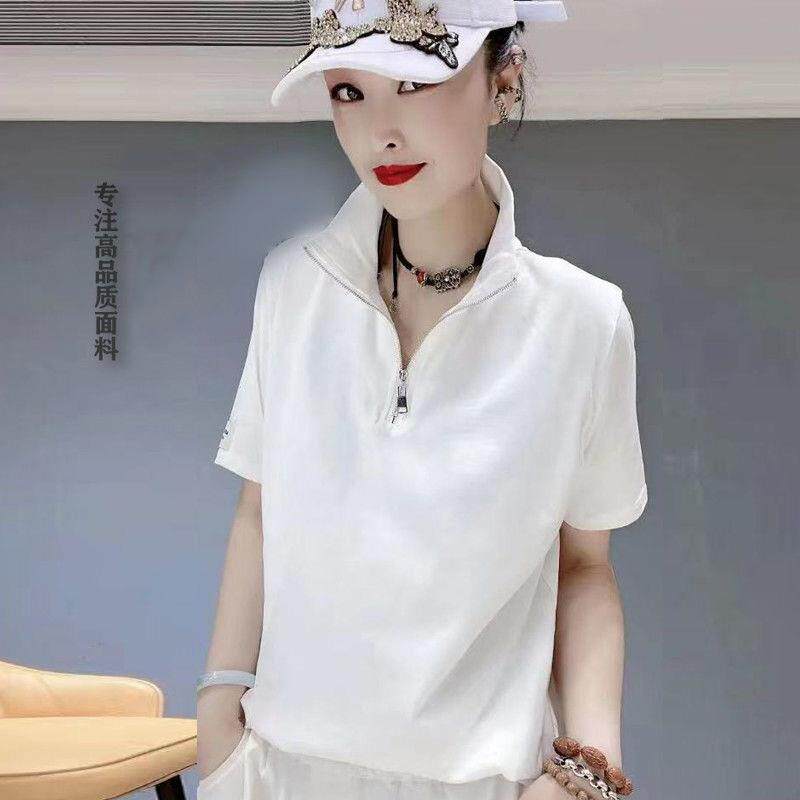 潮牌polo衫短袖T恤女2025夏季新款女装韩版拉链立领纯棉宽松上衣