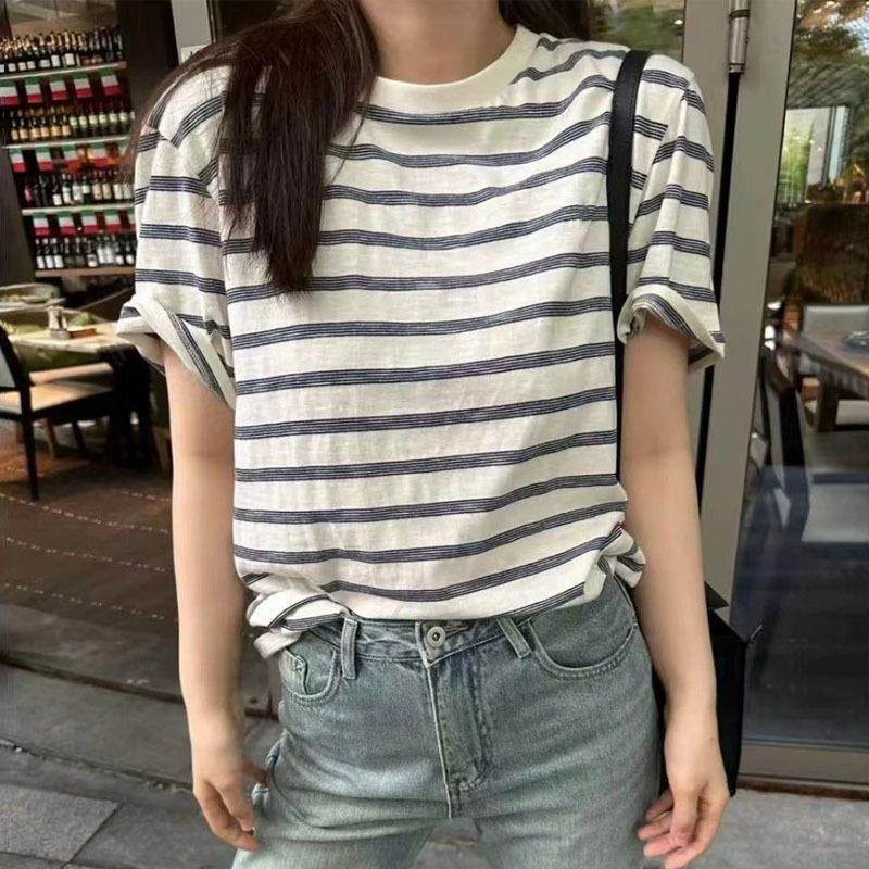 2024夏季新款情侣短袖t恤女休闲宽松撞色圆领高级感棉麻条纹上衣